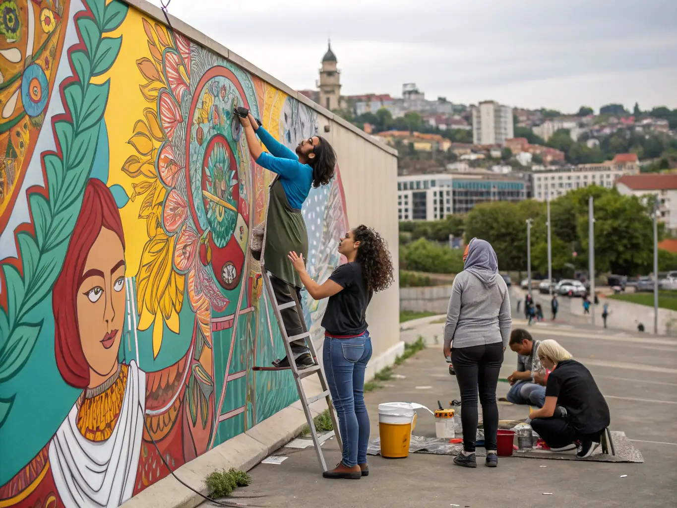 A dynamic image showing artists from France and Germany collaborating on a mural, showcasing the fusion of their artistic styles and cultural backgrounds.