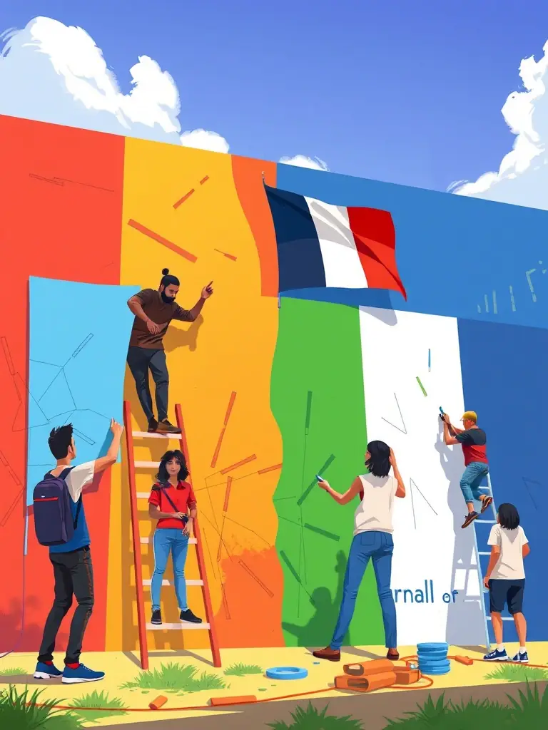An image of a collaborative art project between French and German artists, showcasing the fusion of different artistic styles and cultural perspectives.