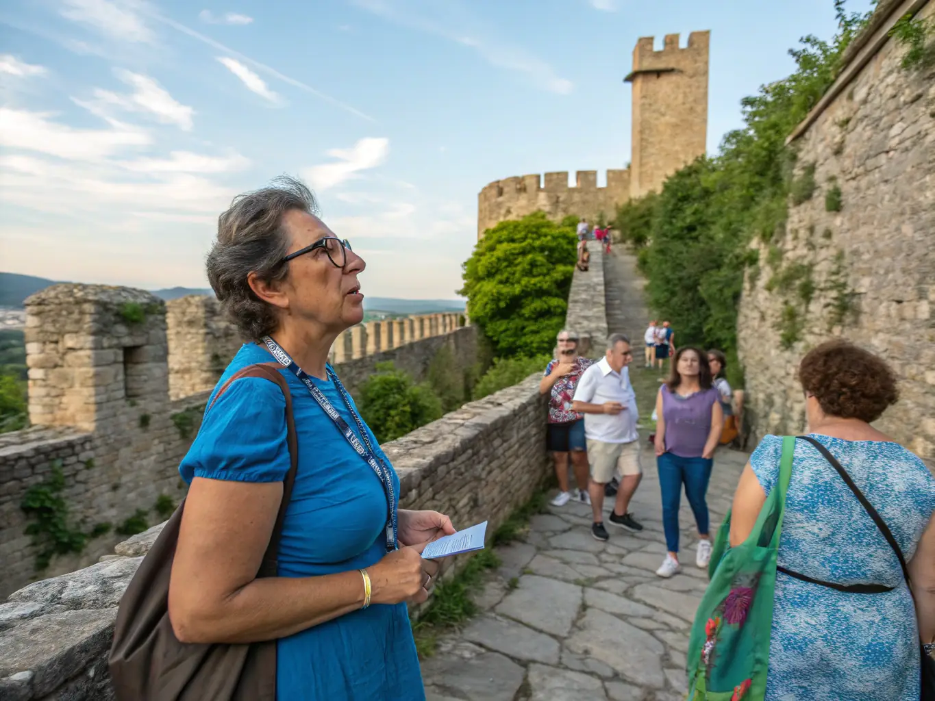 A scenic photograph of a group of people exploring a historical site in the Midi-Pyrénées region, with a knowledgeable guide pointing out key architectural features.