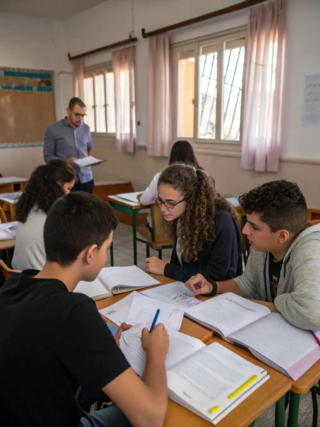 A photograph capturing a lively French language class in Saint-Affrique, with students actively participating in a lesson about local culture.