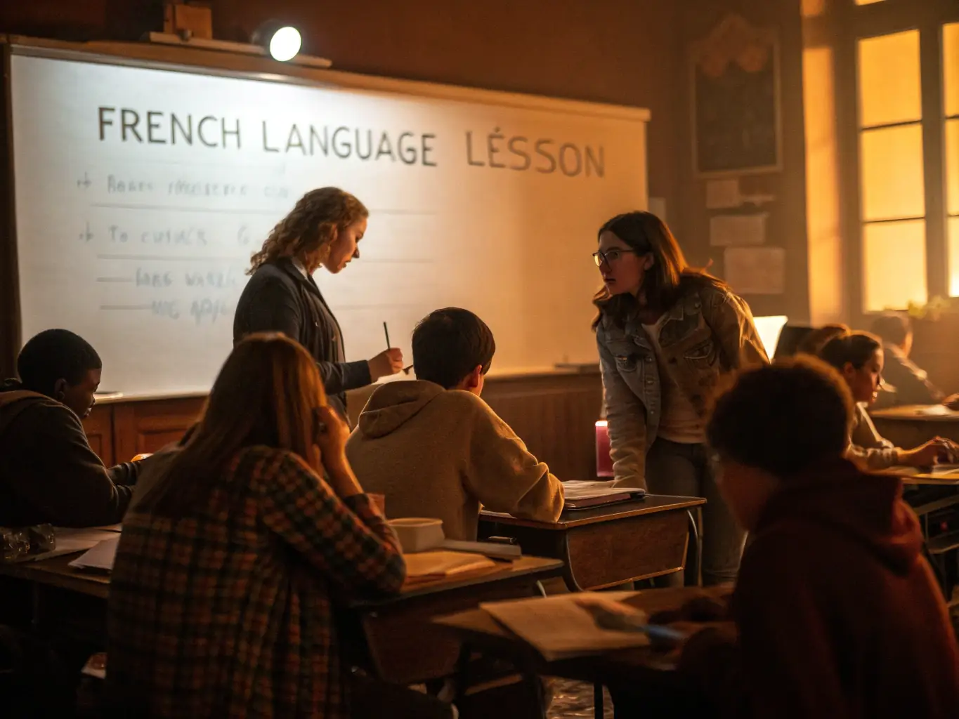 A vibrant photo capturing participants engaged in a French language workshop, set in a cozy classroom with French flags and cultural posters adorning the walls.